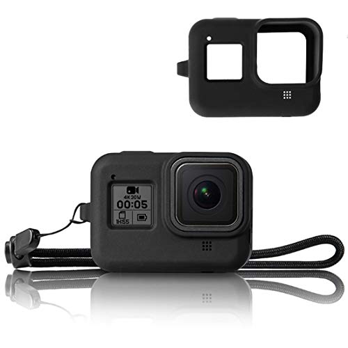 GoPro HERO8 ケース シリコンカバー Jasmile ソフト 衝撃吸収 全面保護 ストラップ付 擦り傷防止 簡易脱着 カメラ保護カバー アクセサリー(ブラック)