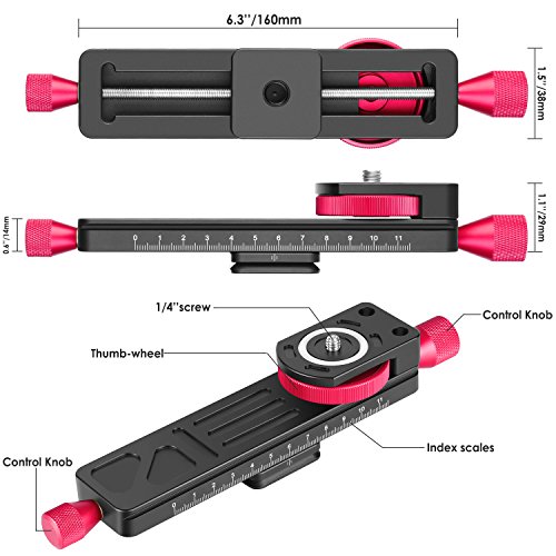 Neewer メタル製ウォームギヤ式マクロフォーカスレールスライダー 撮影用クローズアップクランププレート 115mm調整可 1/4インチスクリューヘッド付き DSLRカメラ、三脚ボールヘッド、Arca/RRSレバークランプに対応