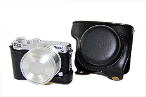 PDXD-SHARE NIKON 1 J5（レンズ：10～30mm）　レザーカメラケース　　カメラバッグ　PUレザー三脚穴付き　ライトブラウン　ストラップ付き (ブラック)