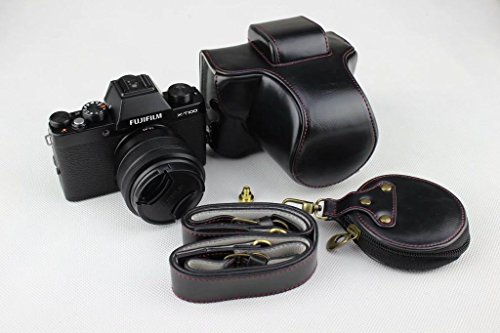 Fujifilm Fuji 富士 PEN X-T100 XT100 X T100 カメラケース カメラカバー カメラバッグ カメラホルダー、【WDMART】手作りのレザーカメラフルケース、対応レンズモデル: XC 15-45mm f/3.5-5.6 OIS PZ、付属品：ショルダーストラップ+レンズ収納ケース、スタイリッシュ、コンパクト、防水、防振 (ブラック)