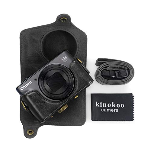 kinokoo Canon PowerShot SX720 HS / SX730 / SX740用カメラケース PUレザー 全面保護型 三脚穴付き ショルダーストラップ付き 標識クロス付き(ブラック)