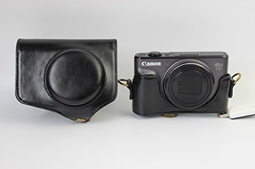 Canon PowerShot SX720 HS 専用 高級合皮レザー カメラケース ネックストラップ,クリーニングクロス付き キャノン パワーショット 157_1　(ブラック)