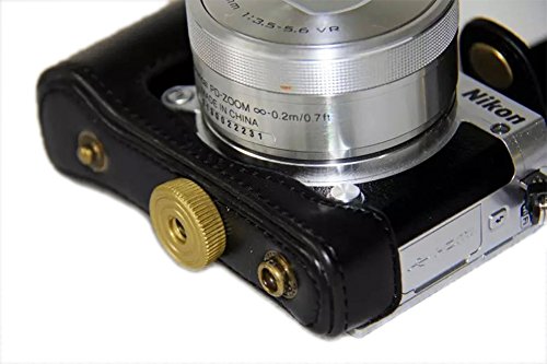 PDXD-SHARE NIKON 1 J5（レンズ：10～30mm）　レザーカメラケース　　カメラバッグ　PUレザー三脚穴付き　ライトブラウン　ストラップ付き (ブラック)