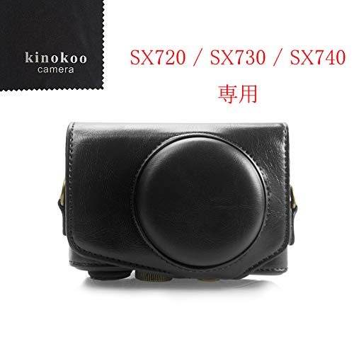 kinokoo Canon PowerShot SX720 HS / SX730 / SX740用カメラケース PUレザー 全面保護型 三脚穴付き ショルダーストラップ付き 標識クロス付き(ブラック)