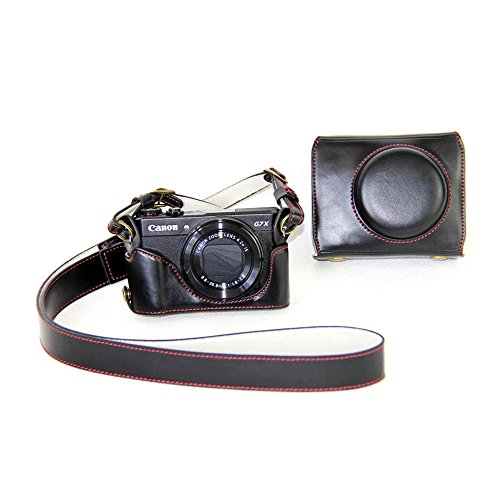 Mercs 高級合皮レザー ミラーレス一眼 カメラケース Canon PowerShot G7 X MarkII 専用 セパレート式 電池交換できるデザイン ショルダーベルト付き (ブラック)