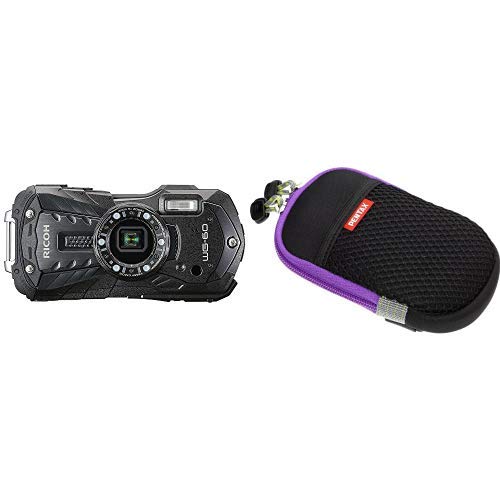 RICOH 防水デジタルカメラ RICOH WG-60 ブラック 防水14m耐ショック1.6m耐寒-10度 RICOH WG-60 BK 03825 & PENTAX デジタルカメラケース ブラック×バイオレット O-CC135 38859