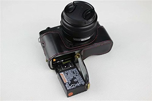 Fujifilm Fuji 富士 PEN X-T100 XT100 X T100 カメラケース カメラカバー カメラバッグ カメラホルダー、【WDMART】手作りのレザーカメラフルケース、対応レンズモデル: XC 15-45mm f/3.5-5.6 OIS PZ、付属品：ショルダーストラップ+レンズ収納ケース、スタイリッシュ、コンパクト、防水、防振 (ブラック)