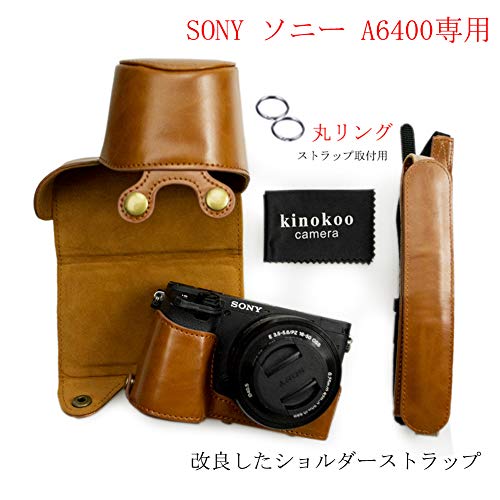 kinokoo SONY ソニー A6400専用カメラケース 16-50 mmレンズ対応 PUレザー バッテリー交換でき 三脚ネジ穴 ショルダーストラップ付き 全面保護型(ブラウン)