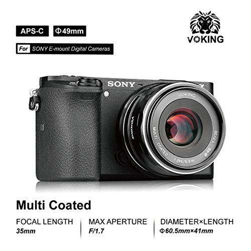 Voking 35mm F1.7 Sony E マウントミラーレスAPS-Cカメラ用 高精度な大口径単焦点レンズで(MF)マニュアルフォーカス、Sony NEX 3 NEX 3N NEX 5 NEX 5T NEX 5R NEX 6 7 A5000, A5100, A6000, A6100,A6300 A6500 A9 用