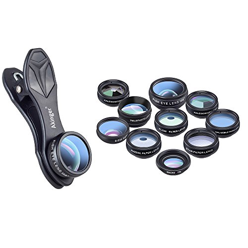 Akinger 10in1カメラレンズ(フロー レンズフィルターXラジアル レンズフィルターXスター レンズフィルターXＣＰＬレンズX0.63広角レンズX15ｘマクロレンズX198度魚眼レンズX2XズームレンズX万華鏡３X万華鏡６) クリップ式 多機種対応 簡単装着