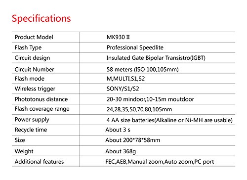 MEIKE MK-930 II GN58 Professional Speedlite fit Sony camera A7 A7R A7S A7II A7RII A7SII A6300 A6000 A6500 A9 etc