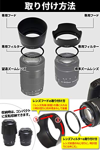 Canon キヤノン EOS Kiss M EOS M100 EOS M10 EOS M6 ダブルズームキット 用 互換 レンズフード (EW-53 ET-54B レンズフィルター 49mm 52mm）4点セット