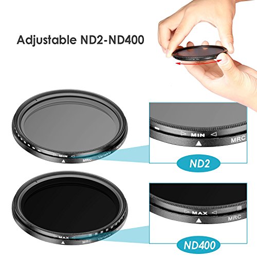 Neewer 49MM超薄いND2-ND400フェーダー調整可能な中性密度レンズフィルター　49MMフィルターネジサイズが付いてあるカメラレンズに対応　光学ガラス製とアルミ合金フレーム