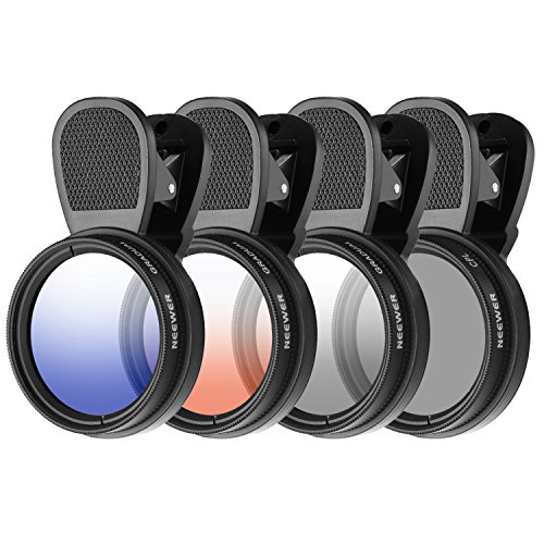 Neewer 37MMスマホレンズアクセサリキット　セット内容：0.45X広角レンズ、レンズクリップ、グラデーションカラーフィルター(ブルー、オレンジ、グレー)、円偏光CPLフィルター、中性濃度ND2-400フィルター
