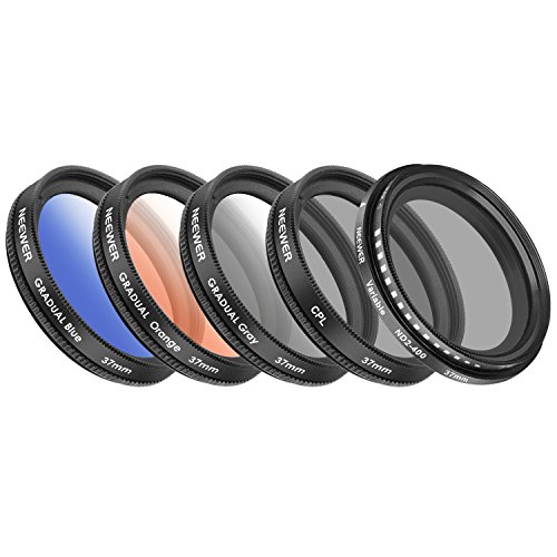 Neewer 37MMスマホレンズアクセサリキット　セット内容：0.45X広角レンズ、レンズクリップ、グラデーションカラーフィルター(ブルー、オレンジ、グレー)、円偏光CPLフィルター、中性濃度ND2-400フィルター