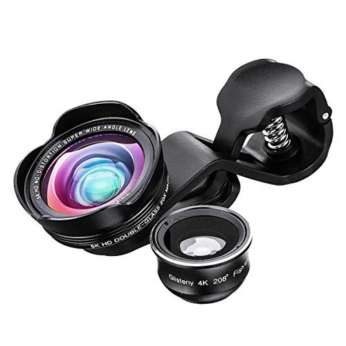 スマホレンズ GLISTENY カメラレンズキット 3in1 (20×マクロレンズ、208°魚眼レンズ、0.45倍広角レンズ) HD クリップ式 iphone/Android多機種対応