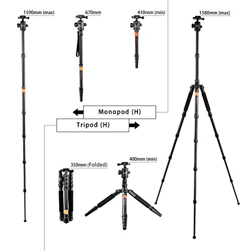 FOSOTO カメラ 三脚 5段 全高158cm 収納35cm コンパクト 自由雲台搭載 一眼レフカメラ Canon Nikon Petax Sonyなど用 アルミ製 軽量 一脚可変式＆ボールヘッド 旅行用三脚 ビデオ三脚