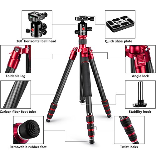 NEEWER カーボンファイバー製三脚 一脚 160cm 流体雲台付き 最大耐荷重15kg 赤