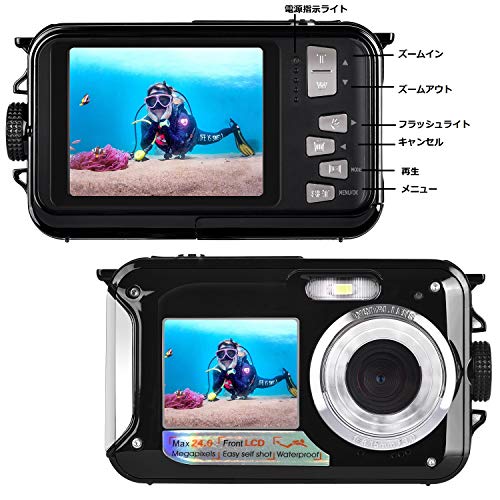 防水カメラ 水中カメラ デジタルカメラ デジカメ スポーツカメラ アクションカメラ フルHD 1080P 24.0MP 高画質 ケース不要（ブラック）