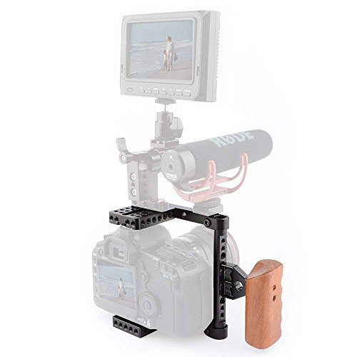 CAMVATE DSLRカメラケージ アルミニウム合金製 木製ハンドルグリップ付き 80D/5D Mark11/D7000/A99などカメラ用撮影キット
