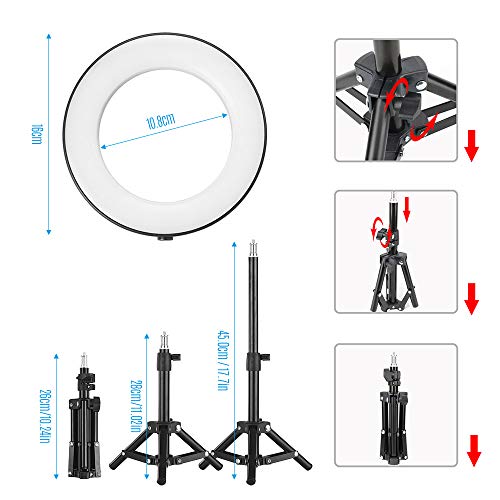 Rakuby 6インチ LEDリングライト ビデオライト 撮影用照明 化粧 自撮り補助光 3000K-6000K色温度 11段階調光可能 3つ照明モード 64ビーズ ライブビデオ 生放送 YouTubeビデオ用