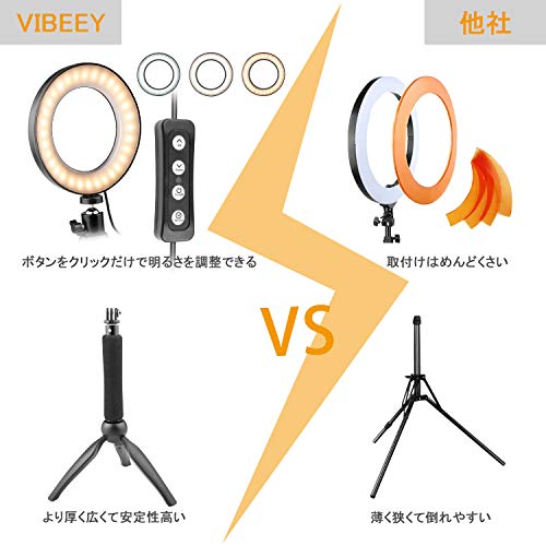 Vibeey LEDリングライト usb 給電式 自撮りライト 外径6in 10段階調光 3色モード 64個 led電球 高輝度 自撮り棒調整可能 手持ち/卓上スタンド 3000K-6000K Youtubeビデオ/撮影照明/化粧/自撮り補助光 取扱い説明書付き