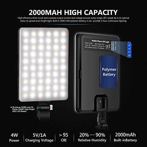 Neewer スマートフォン用LEDビデオライト 3つのライトモード/調整可能な明るさ/内蔵2000mAh充電式リチウム電池 クランプ付き iPhone Samsung Huawei およびその他のスマートフォンに対応