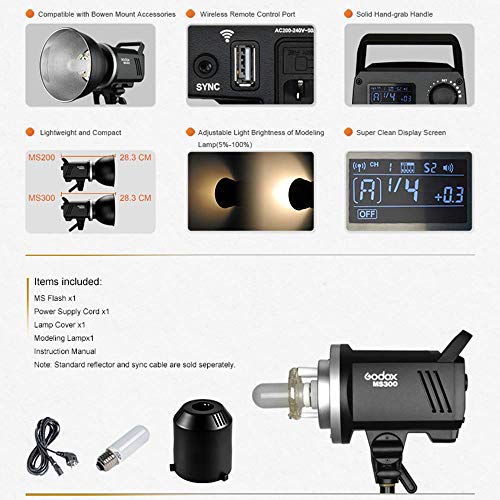 GODOX MS300 300WS 2.4Gワイヤレスリモートコントロールと軽量、コンパクトで丈夫なスタジオフラッシュ、0.1〜1.8Sリサイクル時間、5600±200k色温度