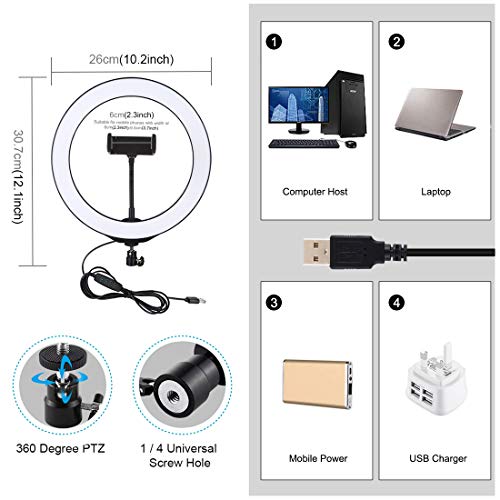 PULUZ LEDリングライトセット 10インチ 電話ホルダー付き照明ライト 3色モード 無段階調光 小型USBライト Youtube撮影/ポートレート/化粧/生放送/カメラ撮影用セット (10inch)