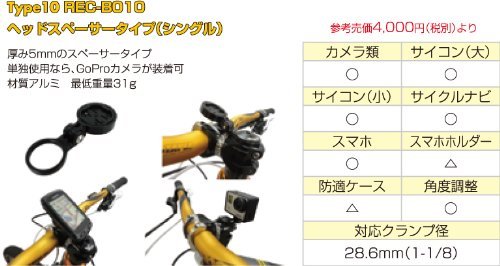 REC-MOUNTS アウトフロントバイクマウント Type10 ヘッドスペーサータイプ GARMIN Edge or VIRB-j (Elite)camera or GoPro camera 対応