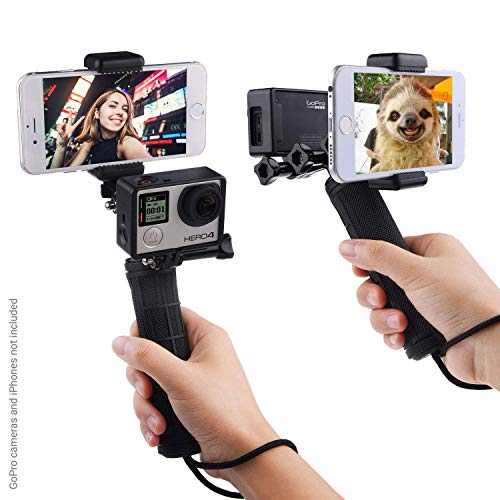 用安定 GoPro Heroグリップ デュアルマウント、三脚アダプター、ユニバーサルフォンホルダー付き ―同時に2つの異なるカメラアングルでビデオを録画、安定したショット写真、自撮り (ハンドグリップ + デュアルマウント + 三脚アダプター + フォンホルダー, Gopro Hero 4 Session Black Silver Hero+ LCD 3+ 3 2 1)