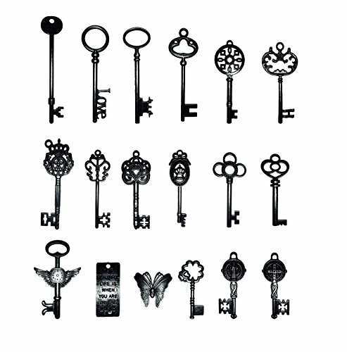 18枚のキーパックセット、ビンテージスケルトンキー、チャームのアンティークブロンズ、異なるスタイルキー、ジュエリー、鍵、アクサセリーパーツ、手つくり（Black）