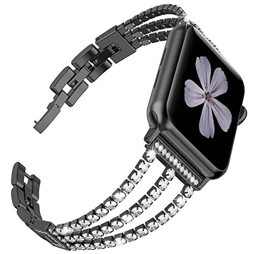 対応 Apple Watch 1/2/3/4/5 バンド Apple Watch 1/2/3/4/5 交換バンド 高級ステンレスバンド ステンレス 調節可能 ビジネス風 ラインストーン付け アップルウォッチ スマートウォッチ 交換バンド(ブラック、38/40mm)