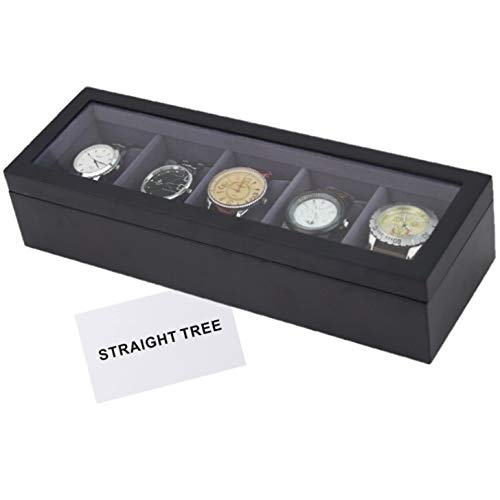 【STRAIGHT TREE】 時計ケース 5本 木製 時計収納 ジュエーリケース コレクション g shock 腕時計ケース スタンド ディスプレイ 保管 ショーケース ボックス ガラス天板 クロス付き (ブラック)