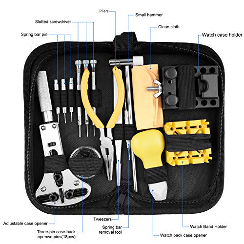 【腕時計 工具セット 自分でできるフルセット！！】ETEPON 時計修理工具セット バンド/ベルト調整 電池交換 裏蓋開け/裏蓋閉め器 ミニ精密ドライバー バネ棒外し 針抜き 清掃 収納ケース付き ET017