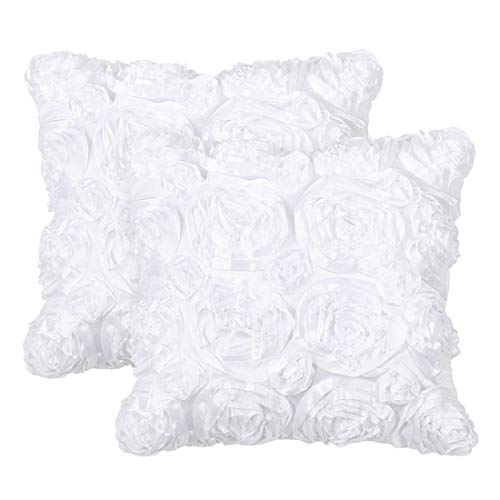uxcell 3Dサテン バラの花投げ枕カバーシェル 40 cmx40 cm 装飾的な ピュアカラーローズフローラルクッションカバー ソファ用 白い 2個