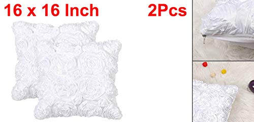 uxcell 3Dサテン バラの花投げ枕カバーシェル 40 cmx40 cm 装飾的な ピュアカラーローズフローラルクッションカバー ソファ用 白い 2個