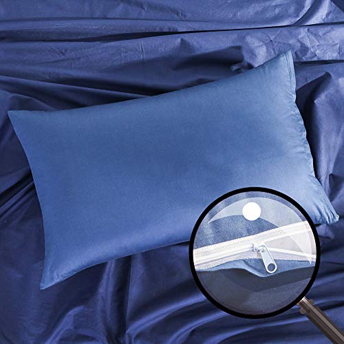 枕カバー 43×63cm 綿100％ 2枚セット ファスナー式 ピローケース 厚手 ホテル品質 柔らかい 防ダニ 抗菌 丸洗い 速乾 ブルー