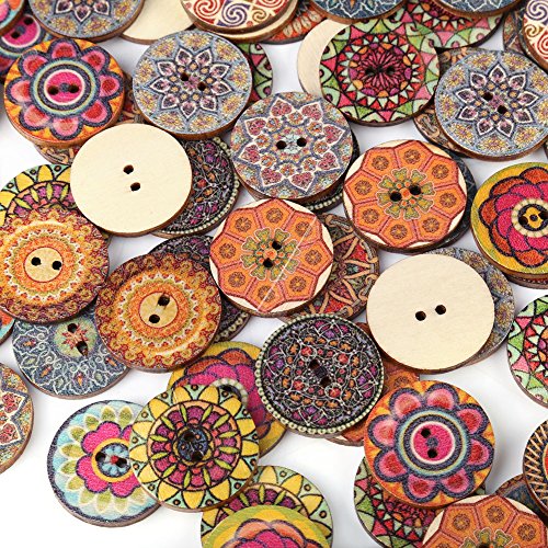 100個 ウッドボタン DIY 縫製工芸のため 2穴 混合パターンヴィンテージウッドボタン装飾 25ミリメートル