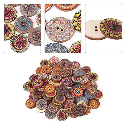 工芸品のための装飾的なボタンDIYの縫製工芸のための2つの穴の1つの、100PCSのヴィンテージウッドボタン装飾、混合パターン（25mm）