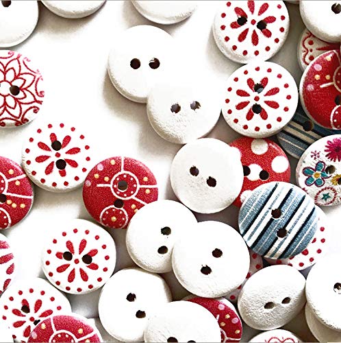 LUCKY FUN ボタン 100個アソート2つ穴 丸型 プリントウッドボタン 裁縫用 飾りボタンセット木製 15ｍｍ