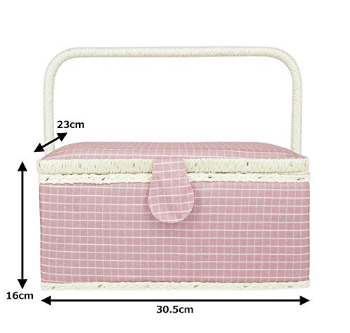 Rurumi 裁縫箱 大容量 ソーイングボックス 30.5×23×16cm ソーイングバスケット (ピンク)