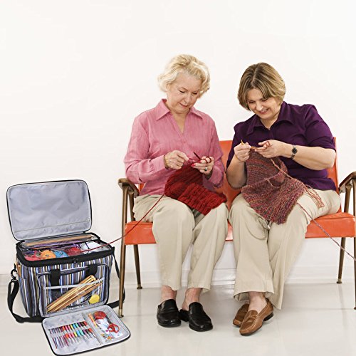 Teamoy 編み物用バッグ 蓋付き 毛糸 編み針 編み物用品 未完成品 収納 持ち運び 便利(ストライプ)