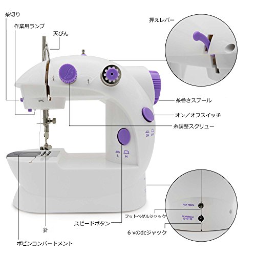 ポータブルミシン、Amadoポータブルミシン ダブルスピード ミニミシン 白と紫のデザイン