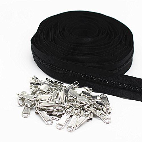 #5黒いのナイロンファスナー ジッパーは10ヤード＋25個チャックヘッドを卸売する。裁縫、手作り、服装、手芸、修理、バッグに使用する (黑齿黑带)