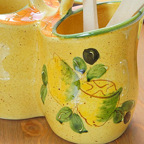 ポルトガル製 陶器 カトラリースタンド レモン オリーブ柄 手描き 箸立て 黄色 pfa-44fr