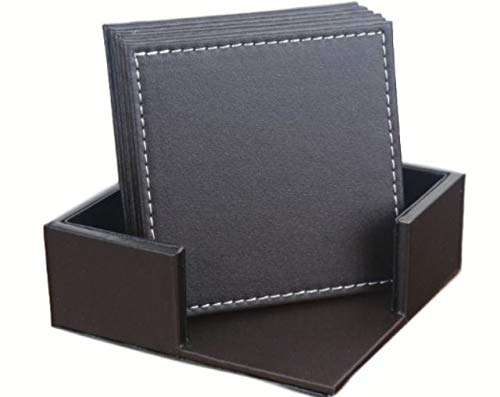 kawauso 合皮 レザー 選べる 正方形 コースター 6枚セット 収納BOX付 インテリア お店 レストラン ビジネス (茶色（レザー）)