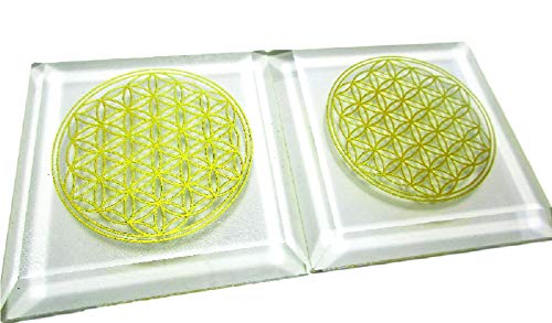 RELIGHT 水晶 コースター フラワーオブライフ 神聖幾何学模様 金色 刻印 (2個セット)