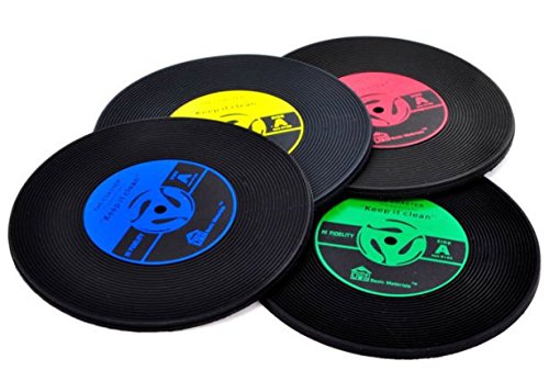 BORDER. コースター アナログ LP レコード盤型 8枚セット (青・赤・黄・緑) ラバー製 レコード ディスク カフェ レストラン クラブ DJ おしゃれ 雑貨 インテリア ディスコ 【製品保証30日】