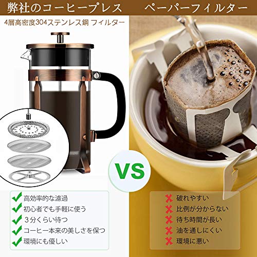 フレンチプレス コーヒーメーカー 1000ML 8杯用 304ステンレス製 コーヒープレス ティープレス 4枚メッシュフィルター コーヒースプーン付 耐熱ホウケイ酸ガラス BPAフリー 通勤 出張 旅行 家庭用 (銅色)